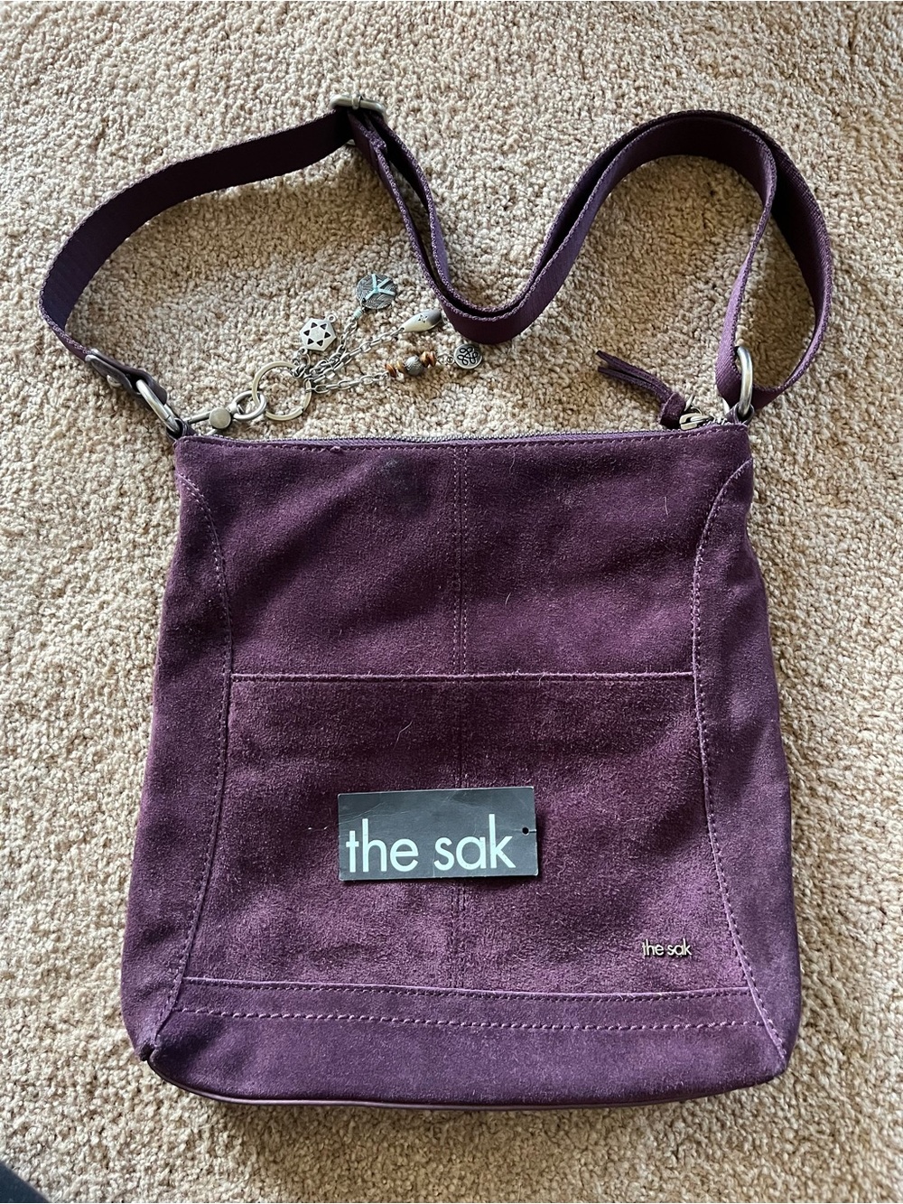The Sak Sequoia Hobo Shoulder Bag Leather Suede Aubergine Purple w Charms